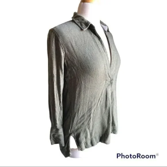 Free people soft pop over hi low green striped collared top small - Picture 3 of 7